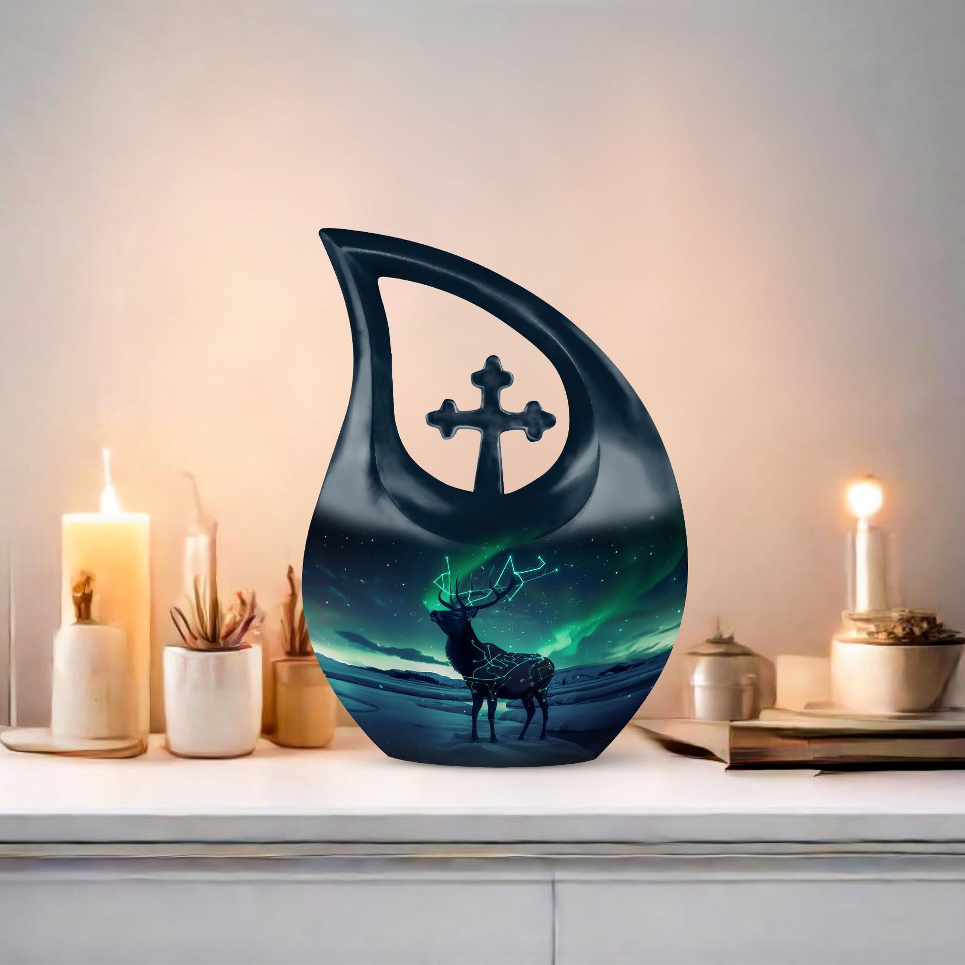 Affordable 10-inch Deer Urn with Cross Drop 