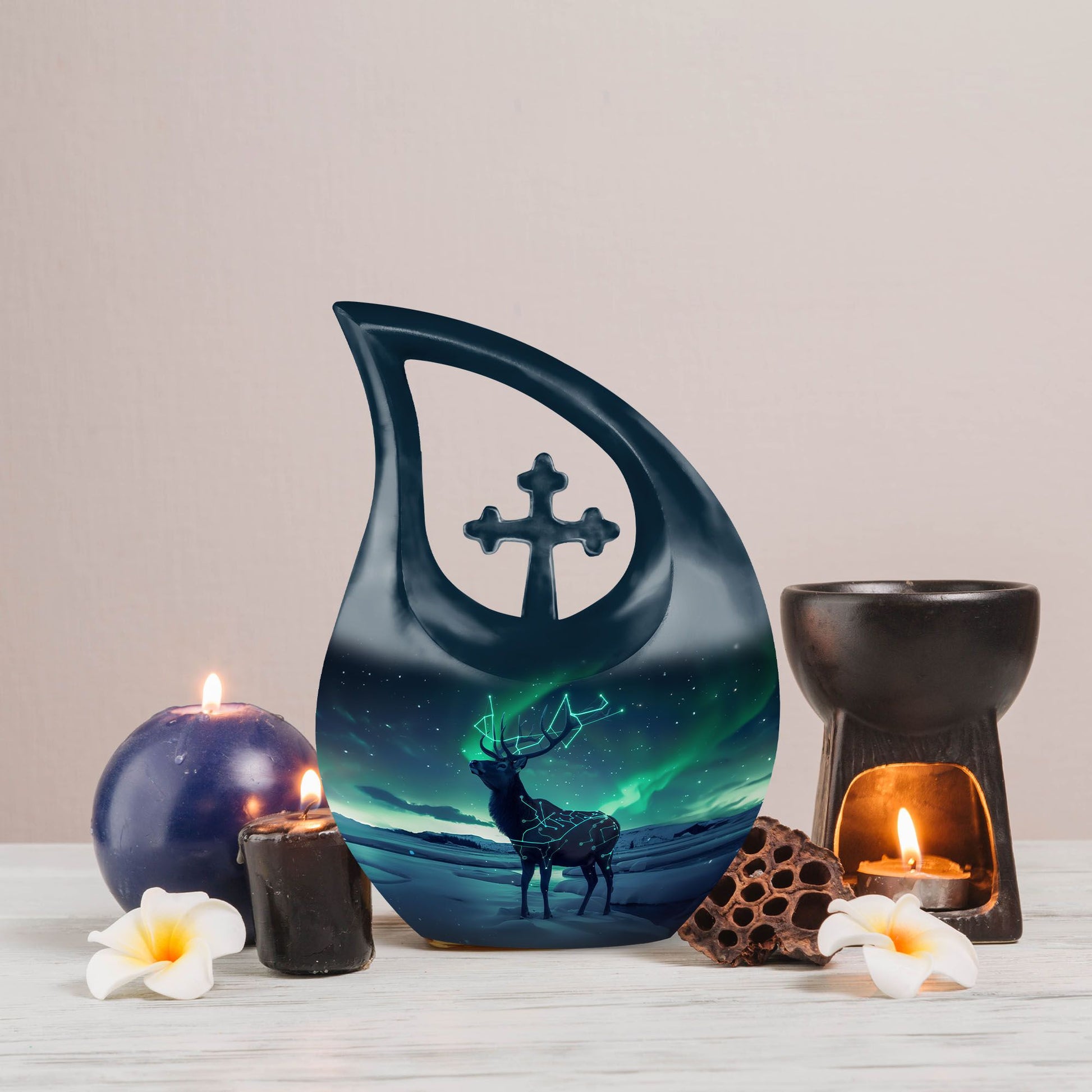Affordable 10-inch Deer Urn with Cross Drop 