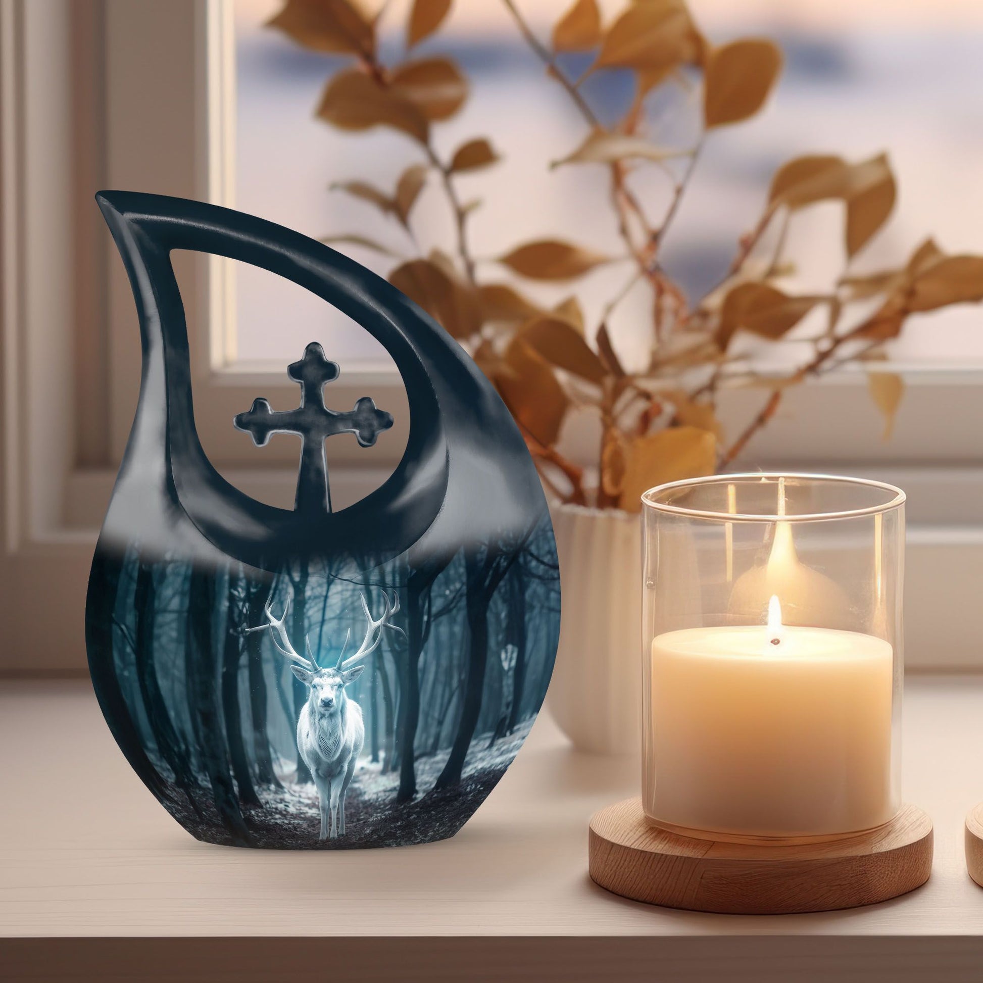 Affordable 10-Inch Deer Urn with Cross Drop Design, 