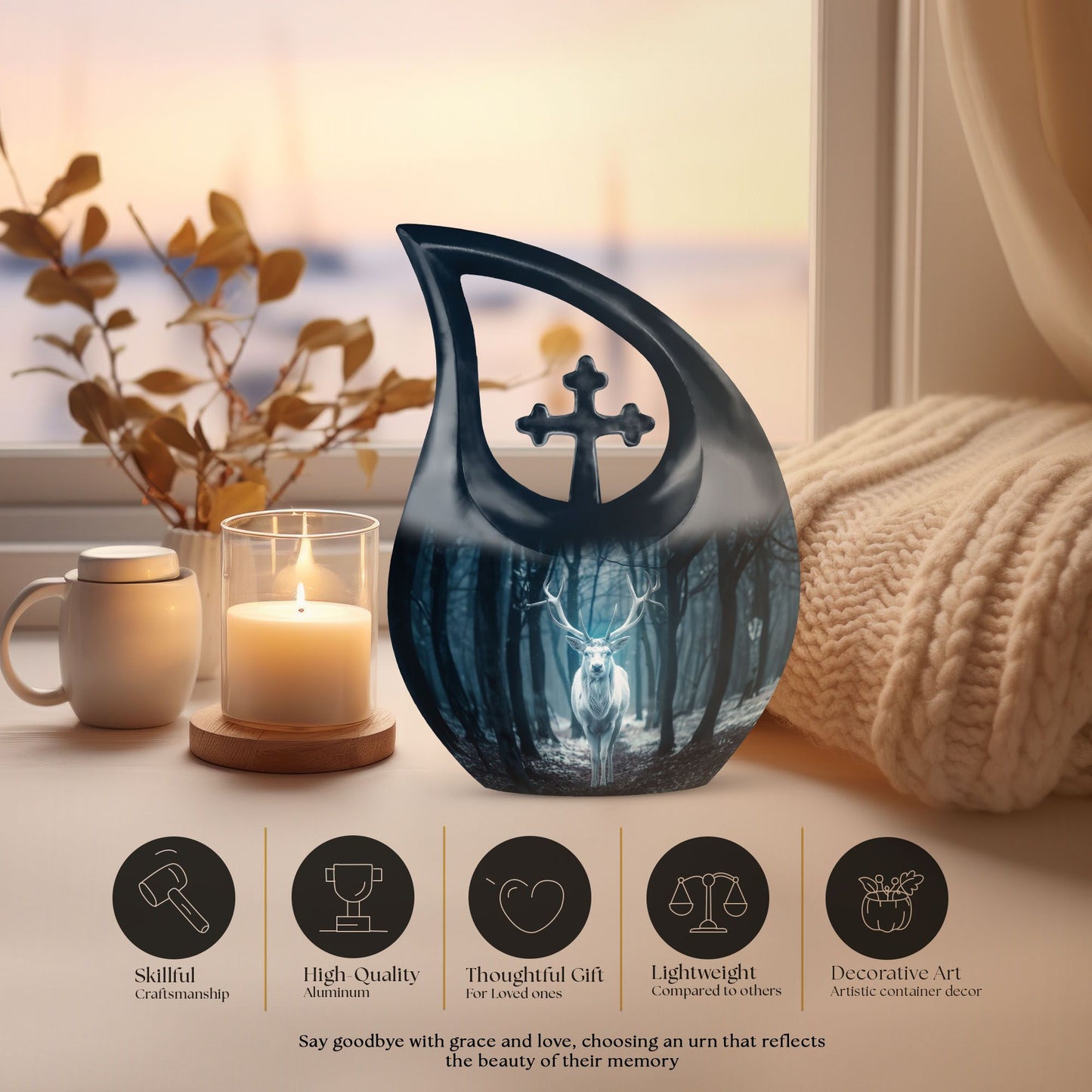 Affordable 10-Inch Deer Urn with Cross Drop Design, 