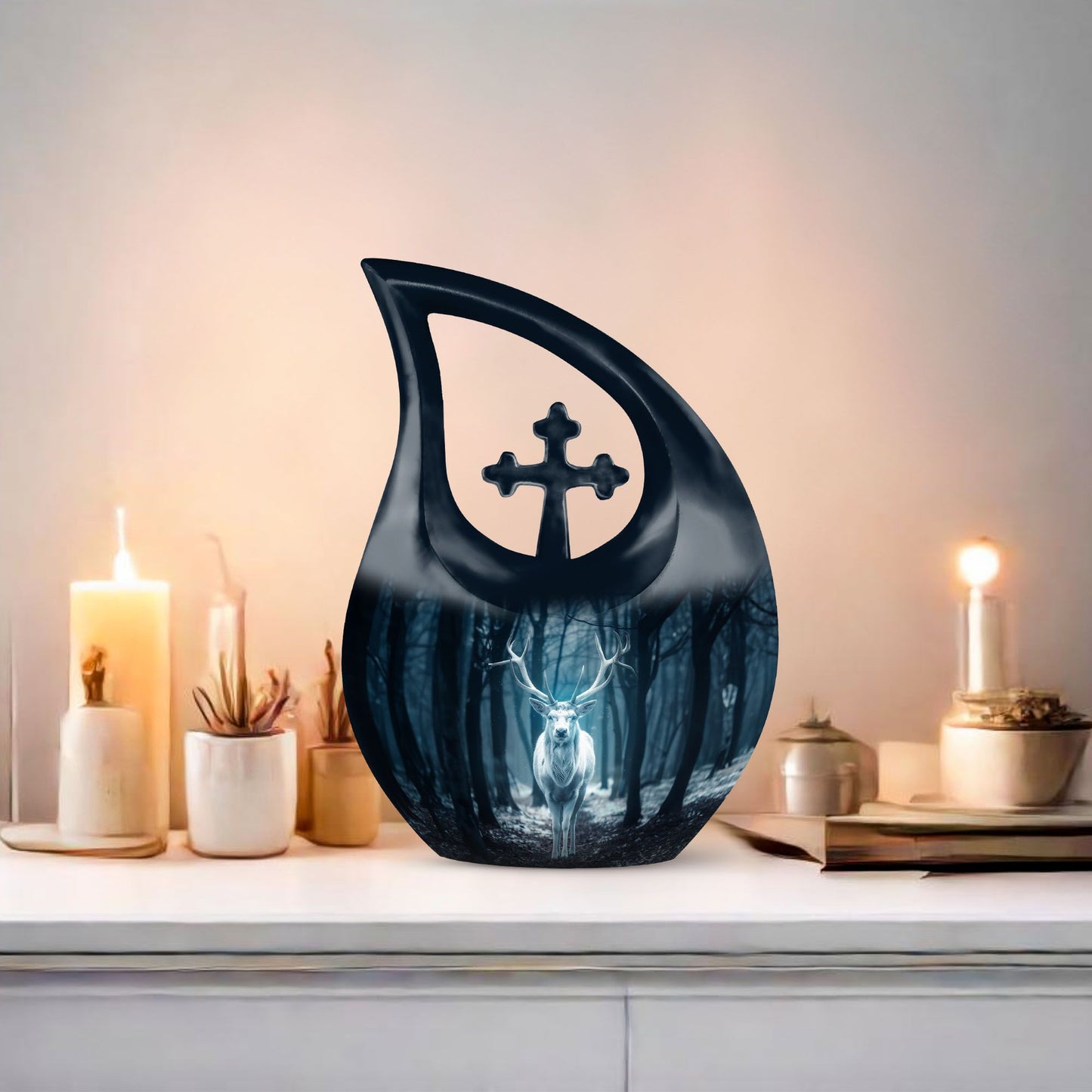 Affordable 10-Inch Deer Urn with Cross Drop Design, 
