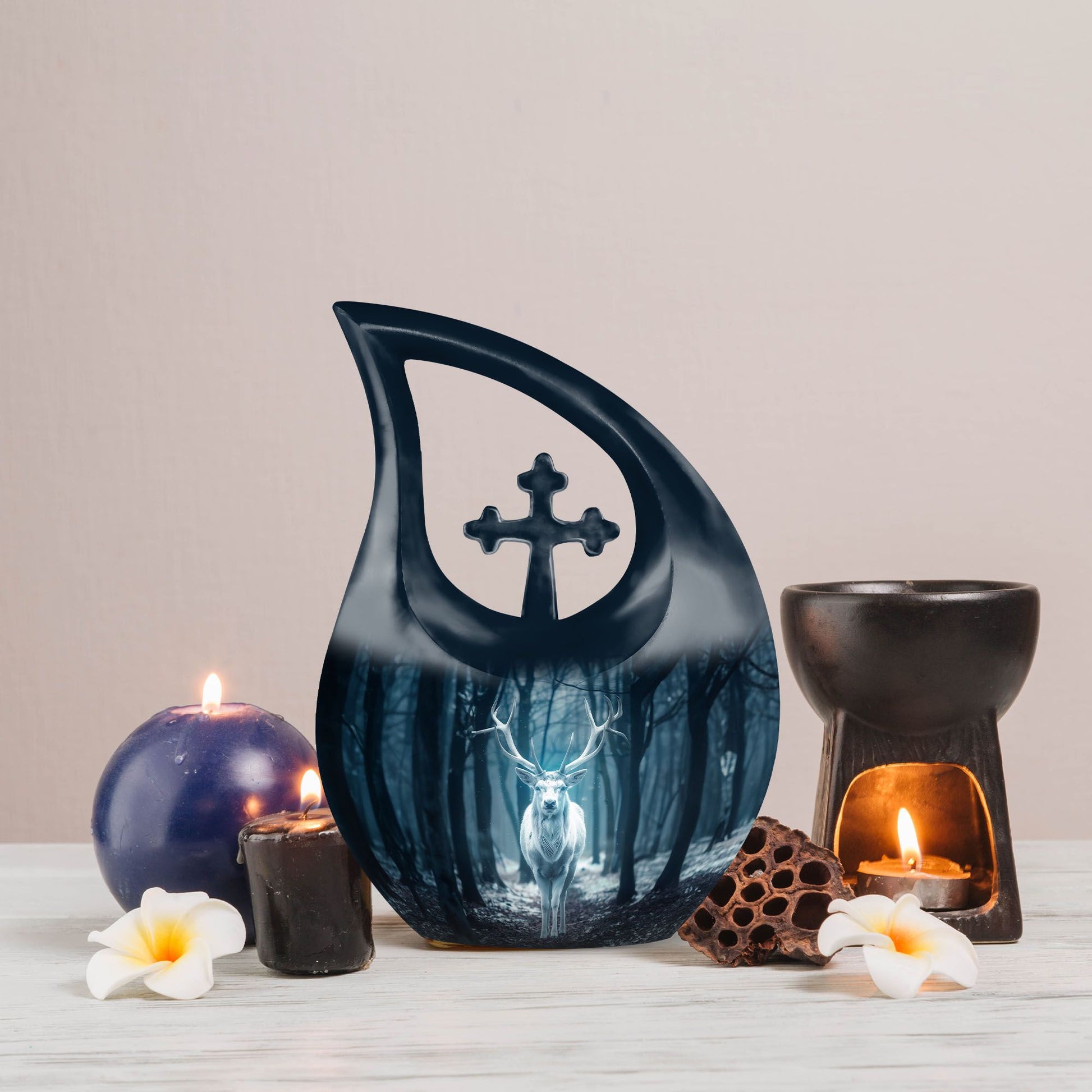 Affordable 10-Inch Deer Urn with Cross Drop Design, 