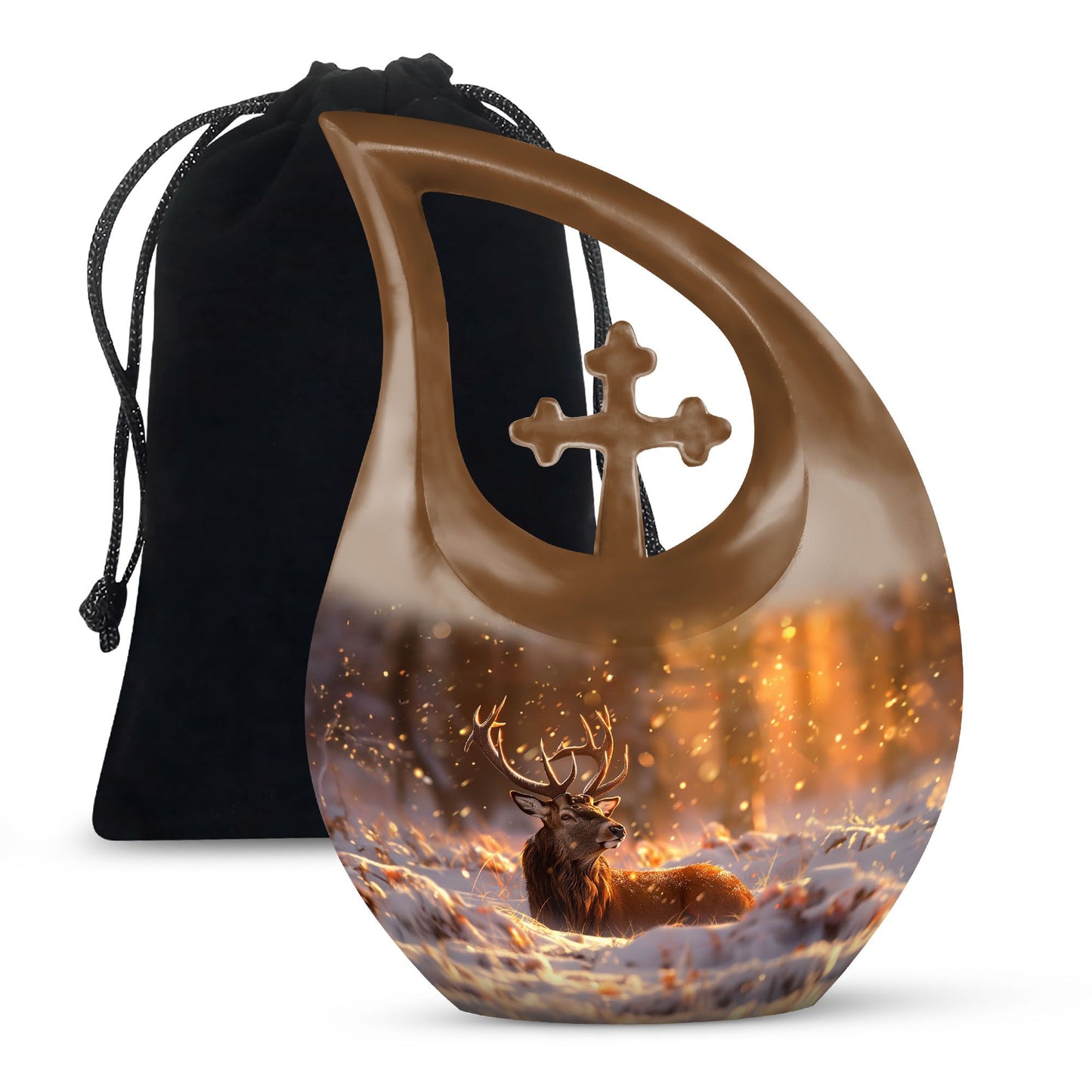 10-inch Deer-themed Aluminium Cross Drop Design Urn for Human Ashes