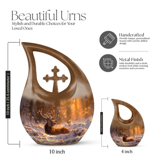 10-inch Deer-themed Aluminium Cross Drop Design Urn for Human Ashes