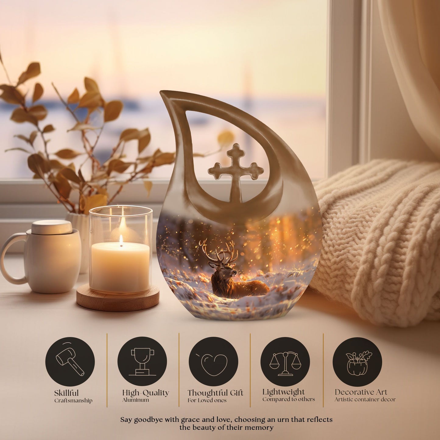 10-inch Deer-themed Aluminium Cross Drop Design Urn for Human Ashes