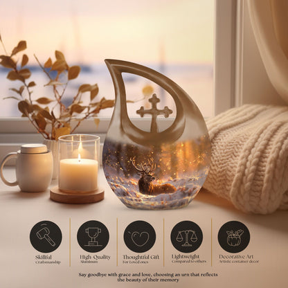 10-inch Deer-themed Aluminium Cross Drop Design Urn for Human Ashes