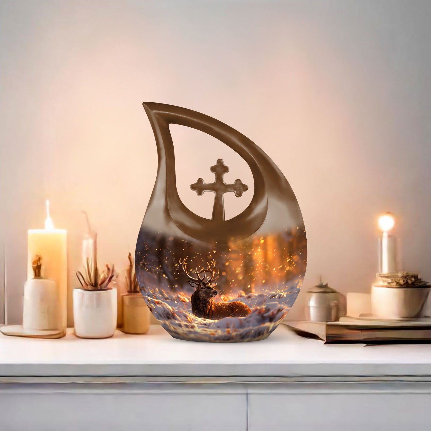10-inch Deer-themed Aluminium Cross Drop Design Urn for Human Ashes