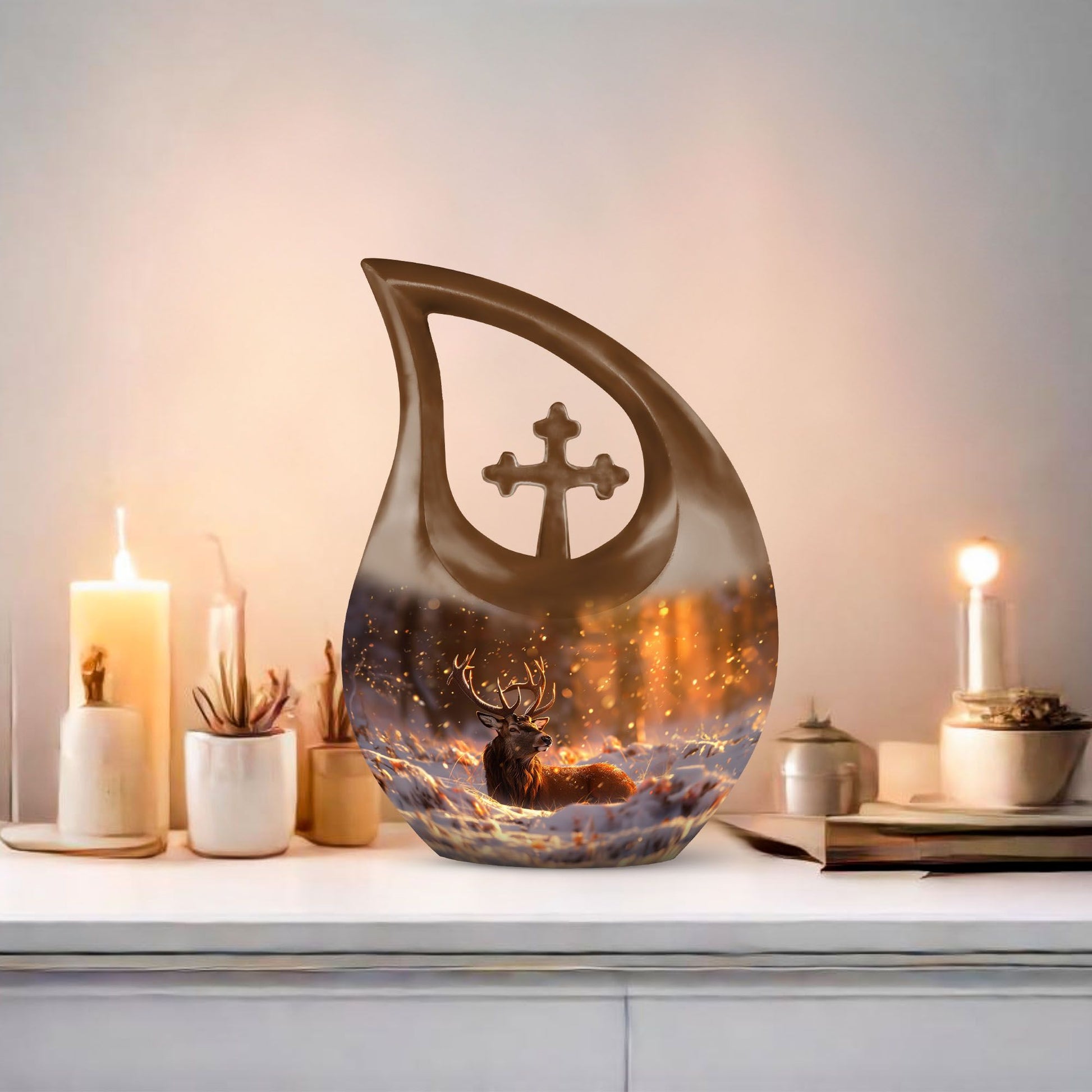 10-inch Deer-themed Aluminium Cross Drop Design Urn for Human Ashes