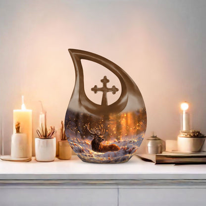 10-inch Deer-themed Aluminium Cross Drop Design Urn for Human Ashes