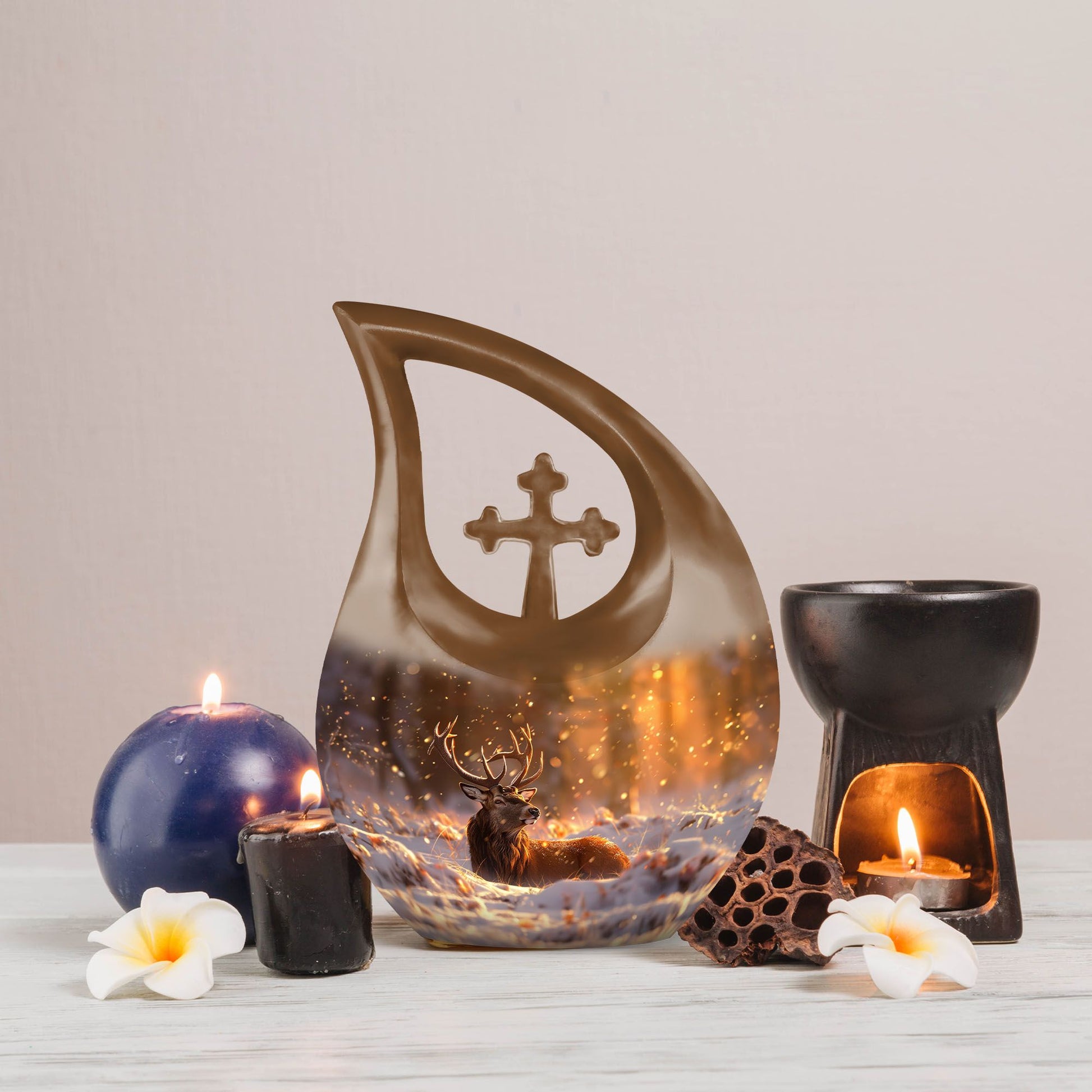 10-inch Deer-themed Aluminium Cross Drop Design Urn for Human Ashes