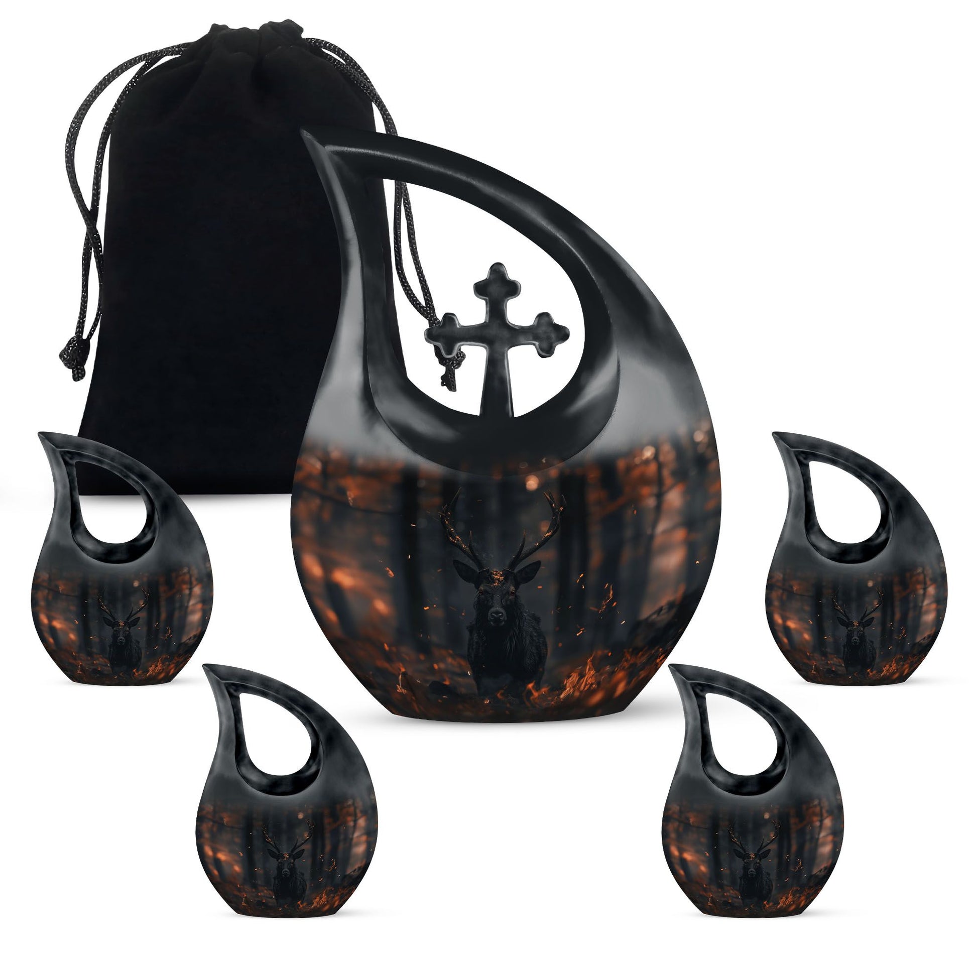 10 inch Deer themed Cross Drop urn for cremation keepsakes, includes velvet pouch