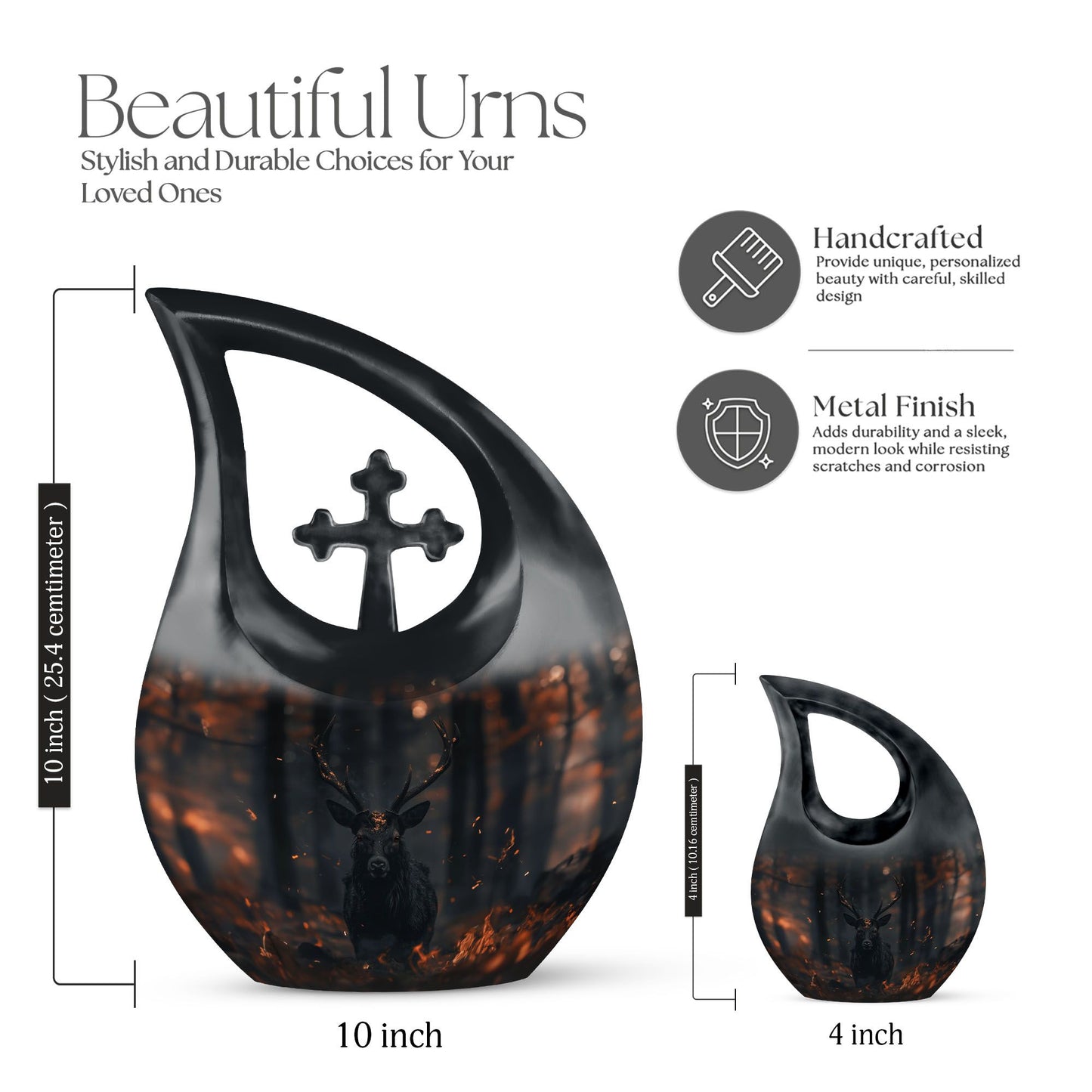 10 inch Deer themed Cross Drop urn for cremation keepsakes, includes velvet pouch