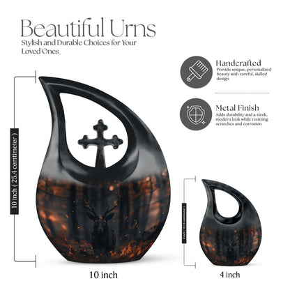 10 inch Deer themed Cross Drop urn for cremation keepsakes, includes velvet pouch