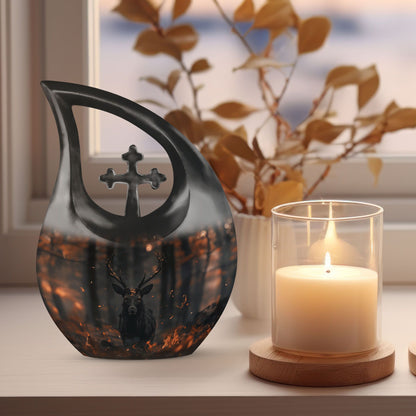 10 inch Deer themed Cross Drop urn for cremation keepsakes, includes velvet pouch