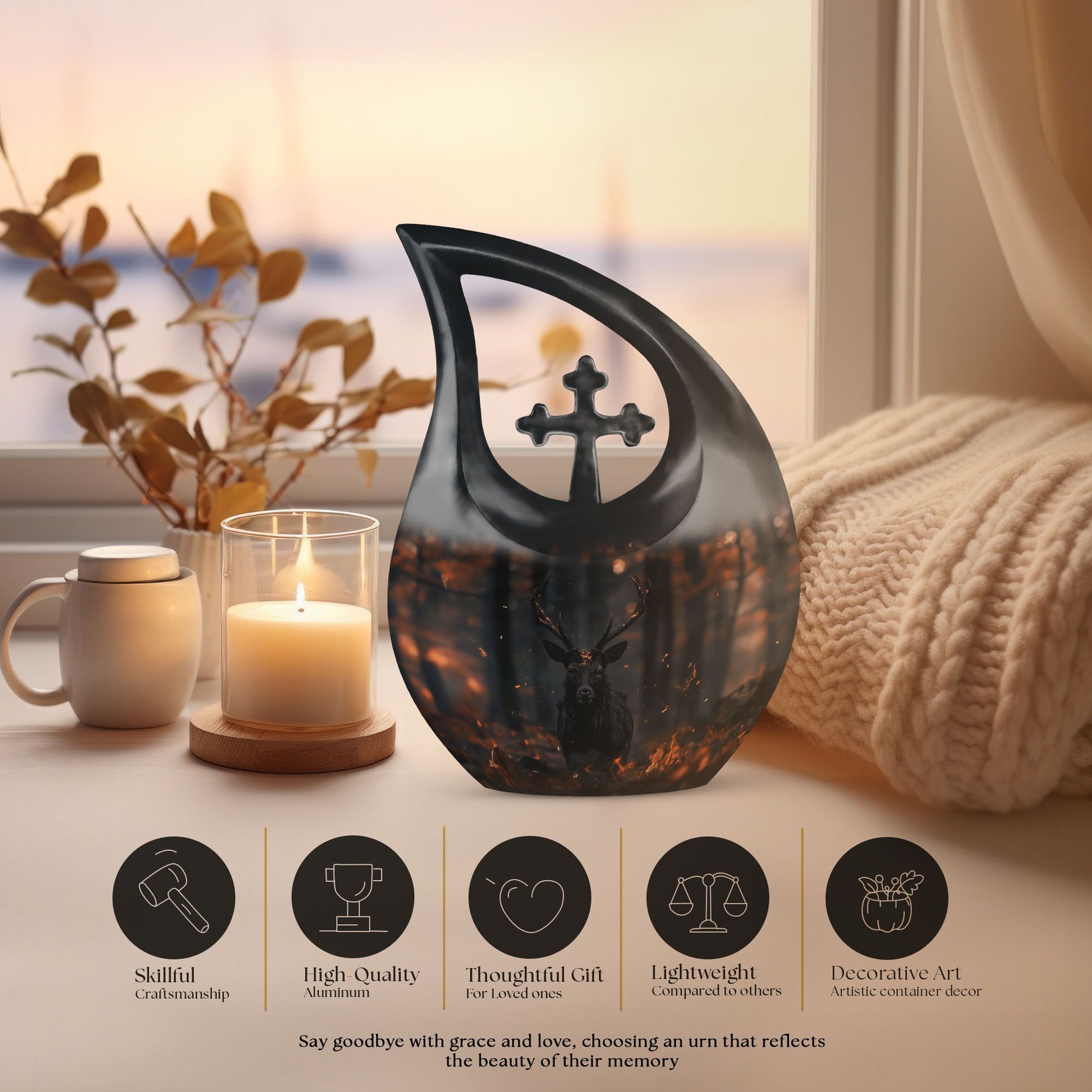10 inch Deer themed Cross Drop urn for cremation keepsakes, includes velvet pouch
