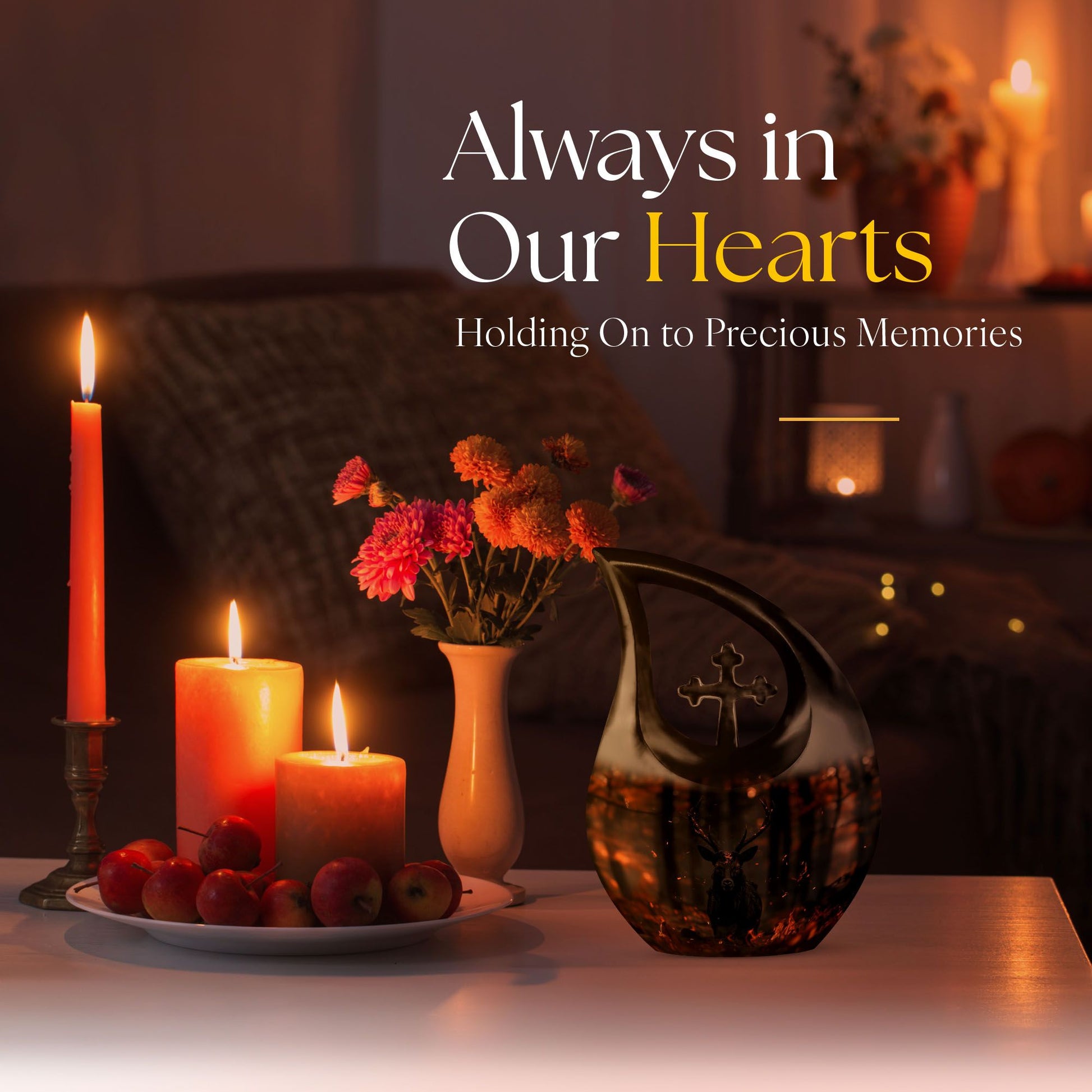 10 inch Deer themed Cross Drop urn for cremation keepsakes, includes velvet pouch