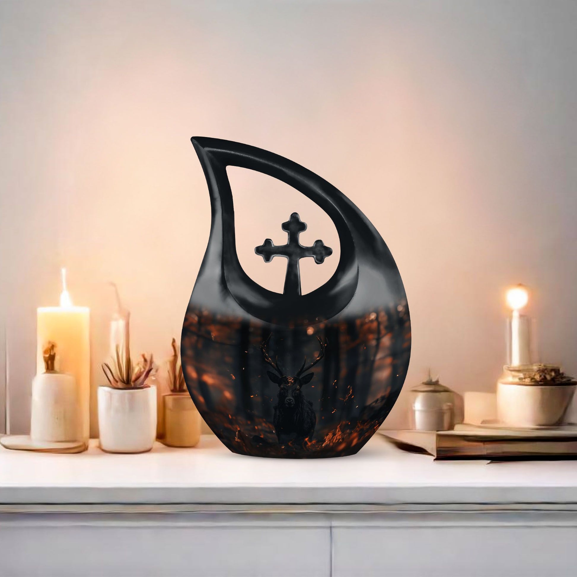 10 inch Deer themed Cross Drop urn for cremation keepsakes, includes velvet pouch