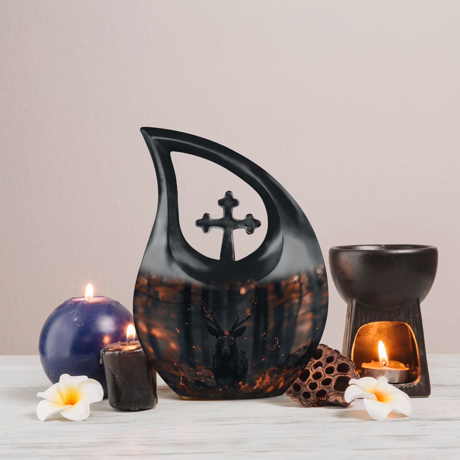 10 inch Deer themed Cross Drop urn for cremation keepsakes, includes velvet pouch