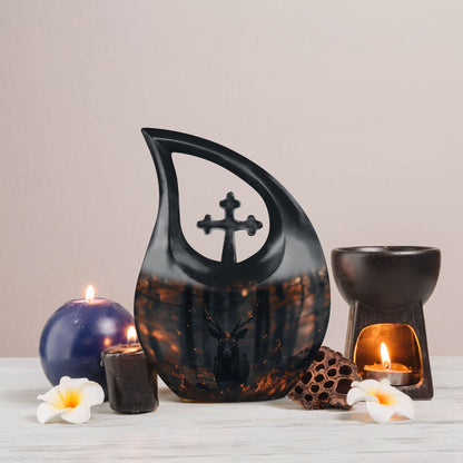 10 inch Deer themed Cross Drop urn for cremation keepsakes, includes velvet pouch