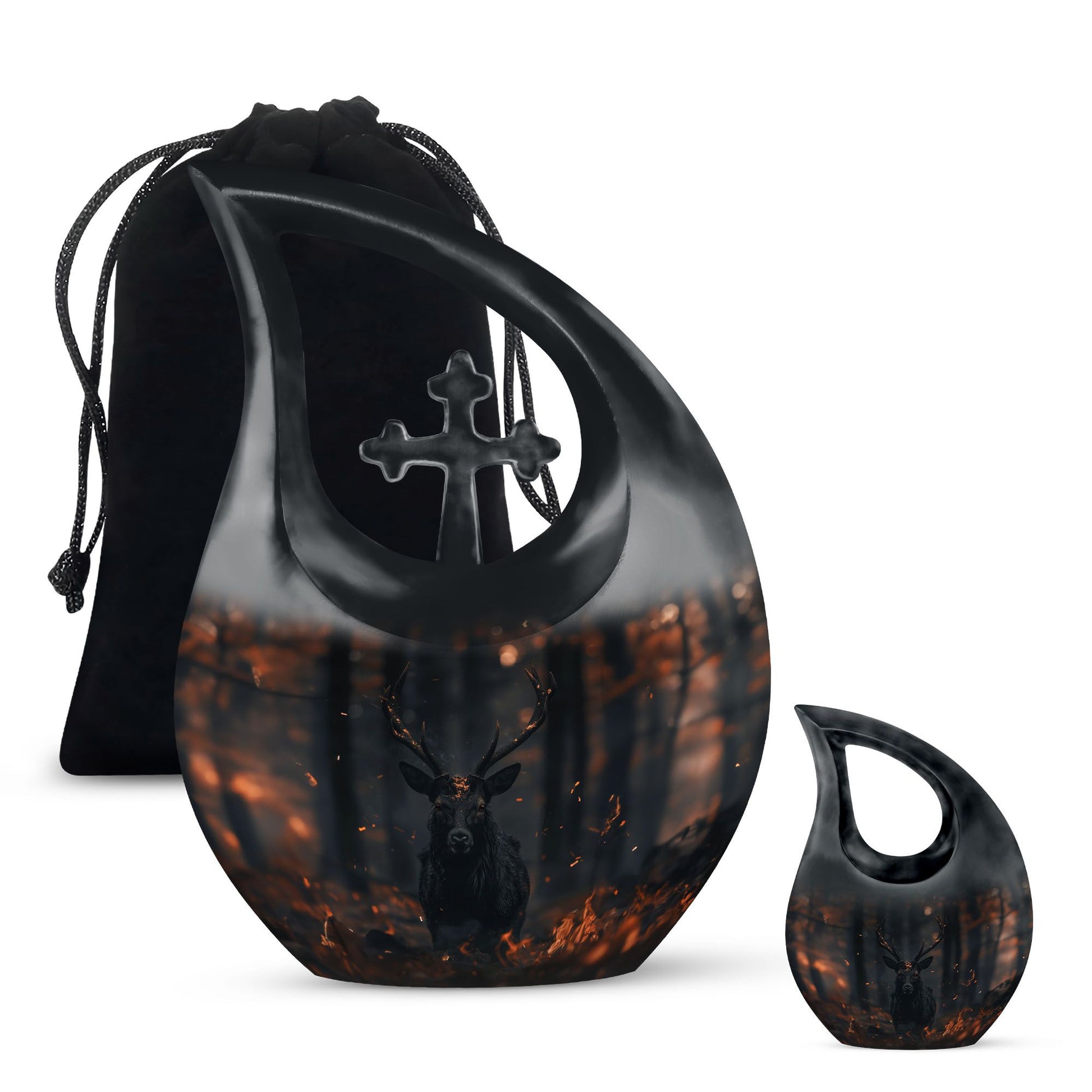 10 inch Deer themed Cross Drop urn for cremation keepsakes, includes velvet pouch