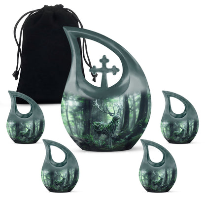 10-inch Deer themed Aluminium Urn with Cross Drop design 
