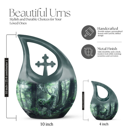 10-inch Deer themed Aluminium Urn with Cross Drop design 