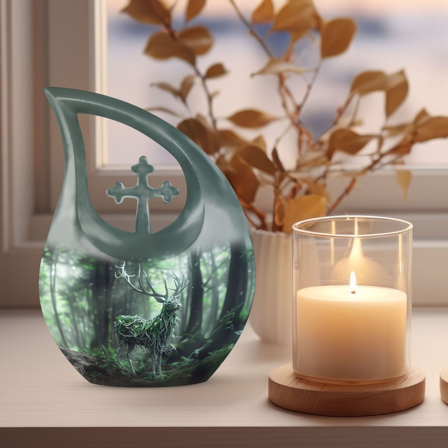 10-inch Deer themed Aluminium Urn with Cross Drop design 