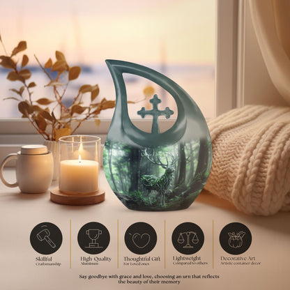 10-inch Deer themed Aluminium Urn with Cross Drop design 