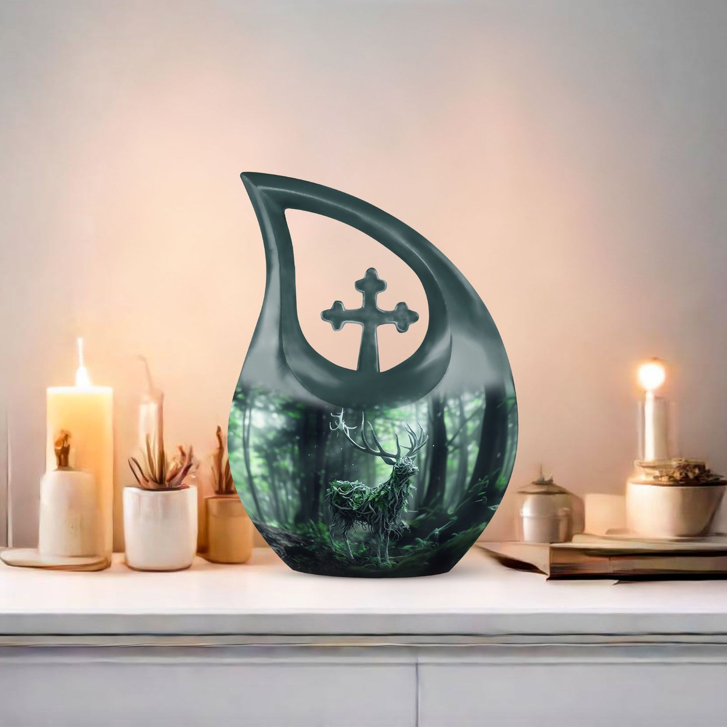 10-inch Deer themed Aluminium Urn with Cross Drop design 