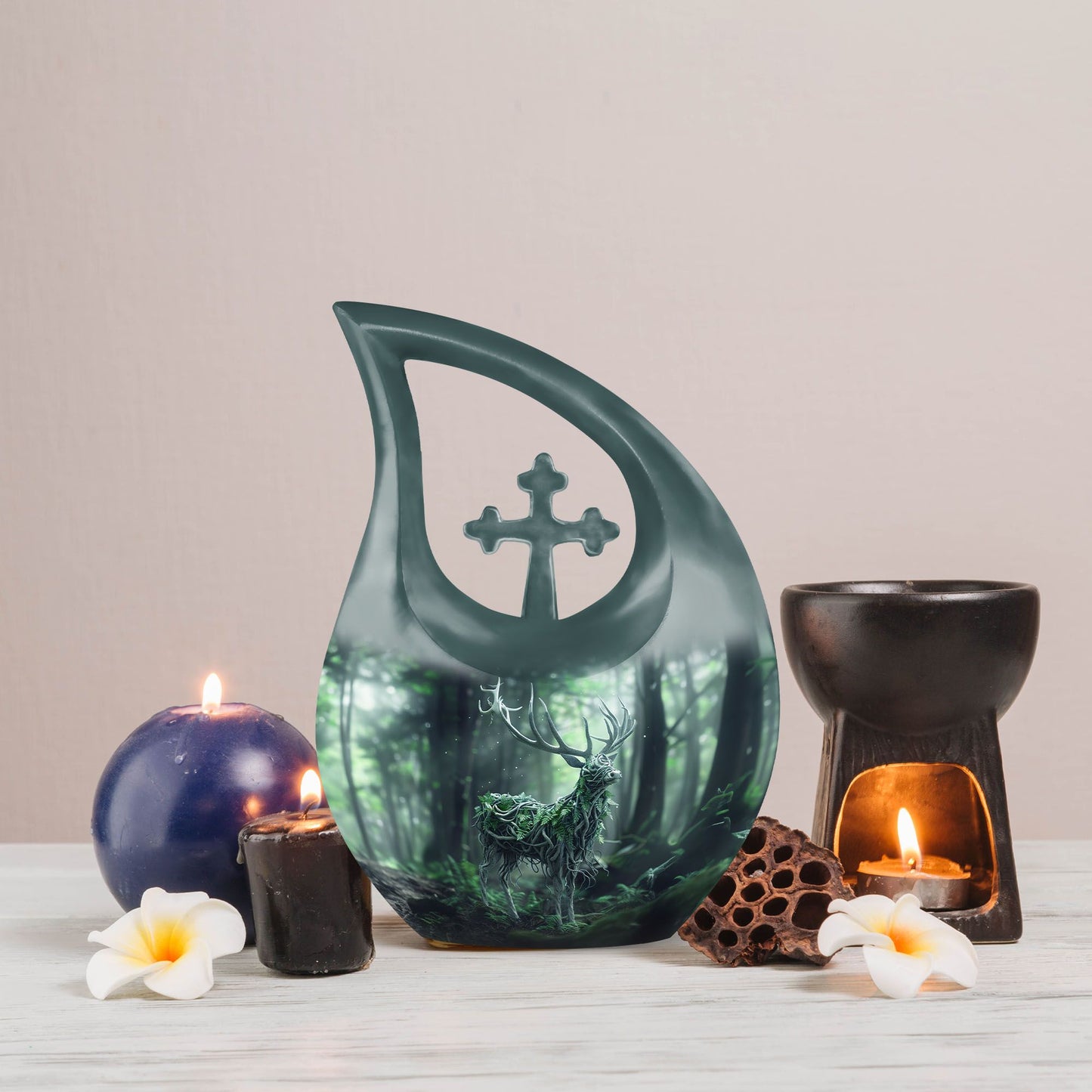 10-inch Deer themed Aluminium Urn with Cross Drop design 