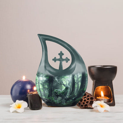 10-inch Deer themed Aluminium Urn with Cross Drop design 