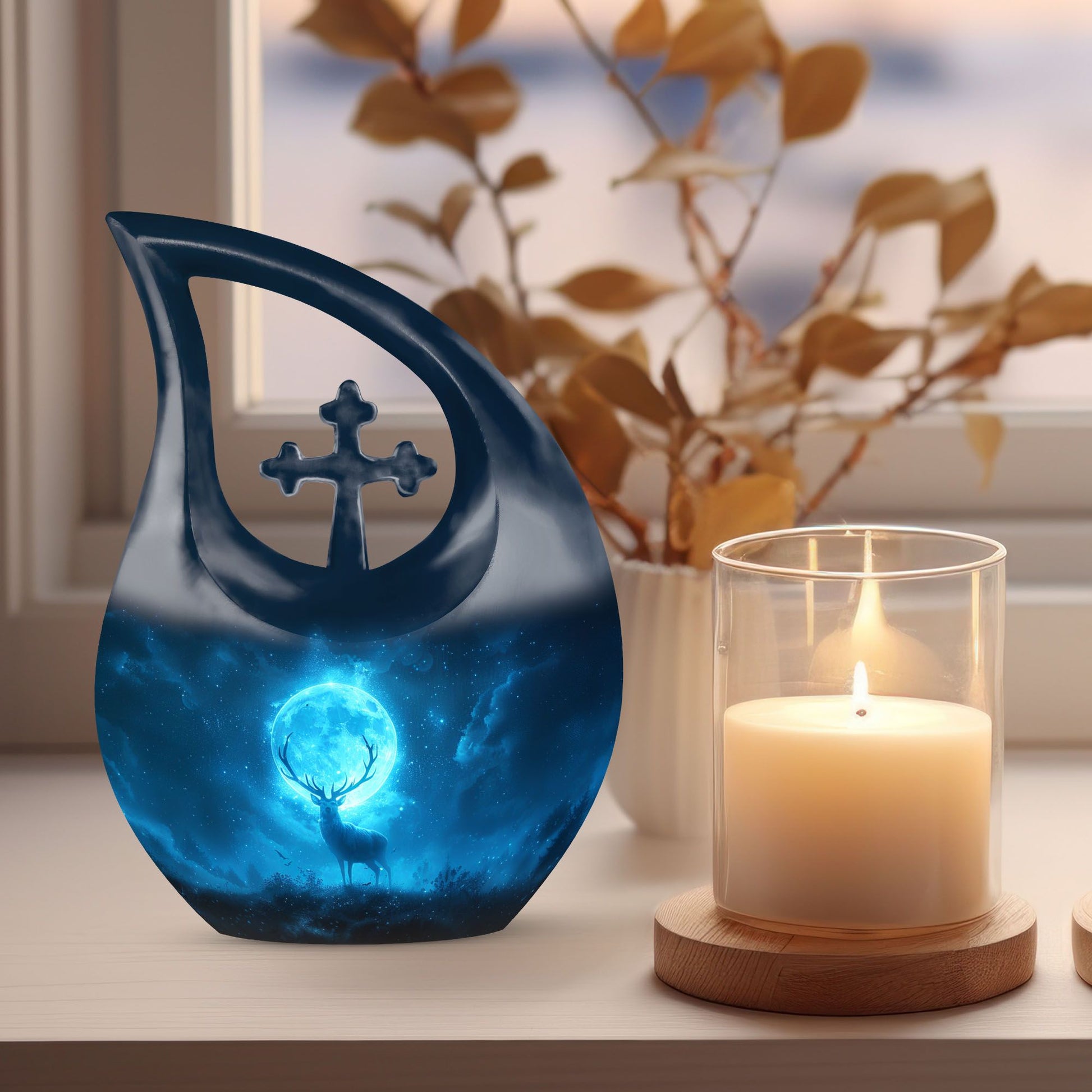 10-inch Deer-themed Aluminium Cremation Urn, Cross 