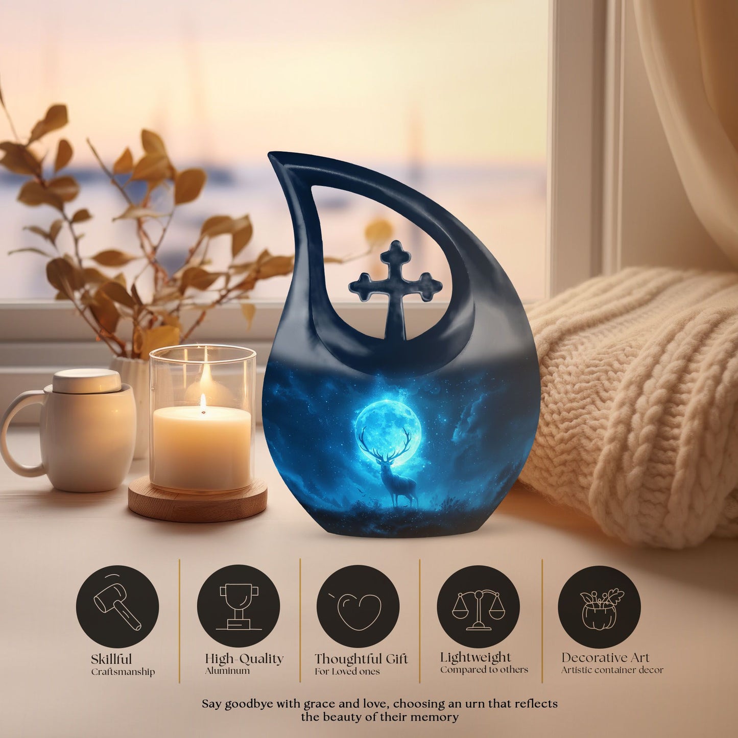 10-inch Deer-themed Aluminium Cremation Urn, Cross 