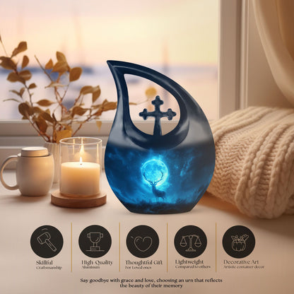 10-inch Deer-themed Aluminium Cremation Urn, Cross 