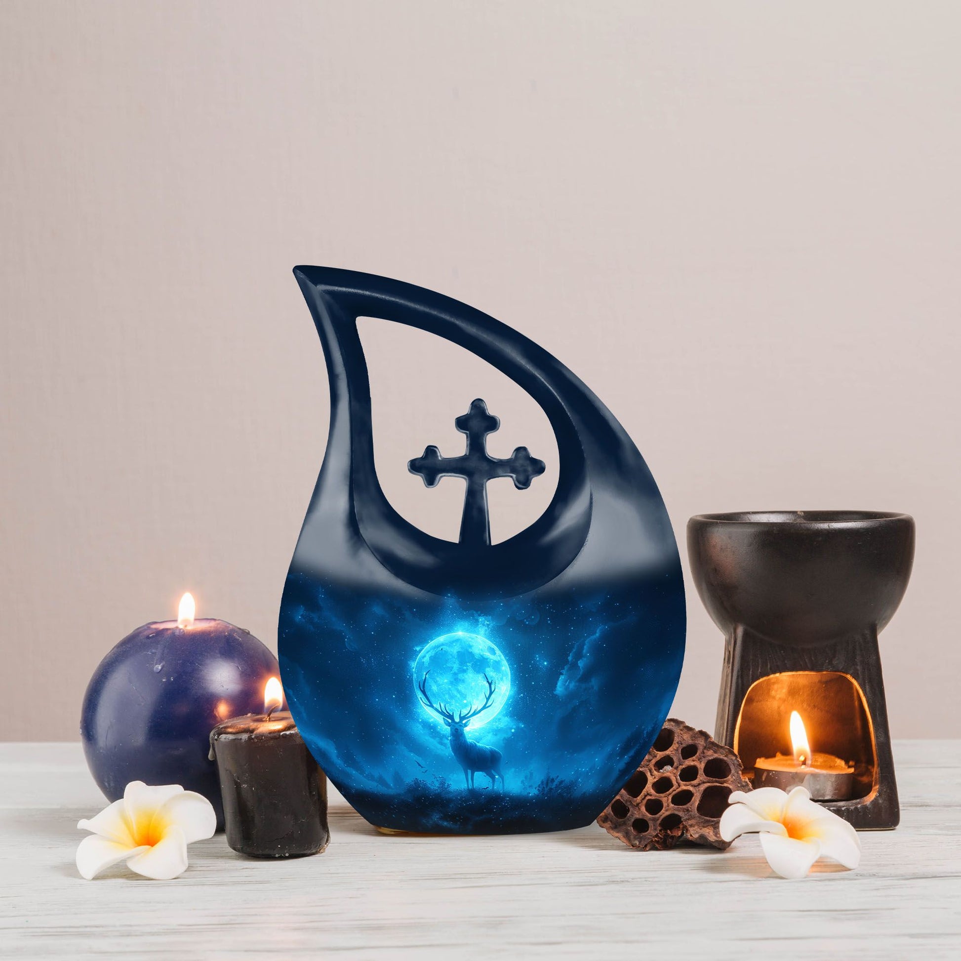 10-inch Deer-themed Aluminium Cremation Urn, Cross 