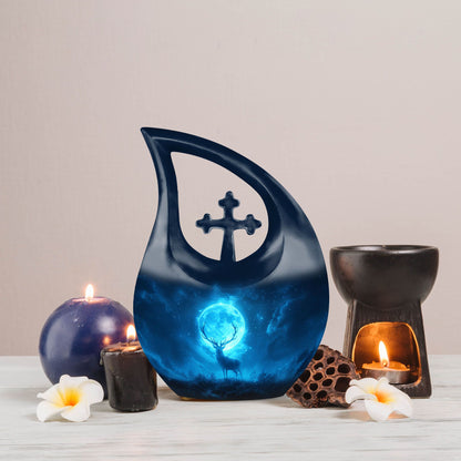 10-inch Deer-themed Aluminium Cremation Urn, Cross 