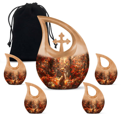 Deer themed urn, featuring Cross Drop 