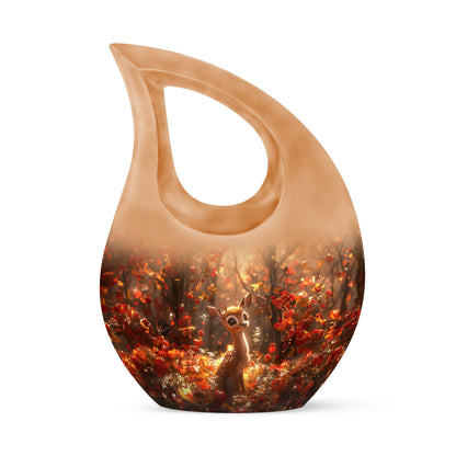 Deer themed urn, featuring Cross Drop 