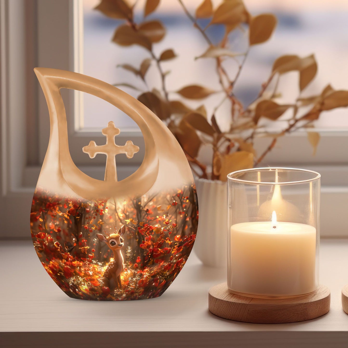 Deer themed urn, featuring Cross Drop 