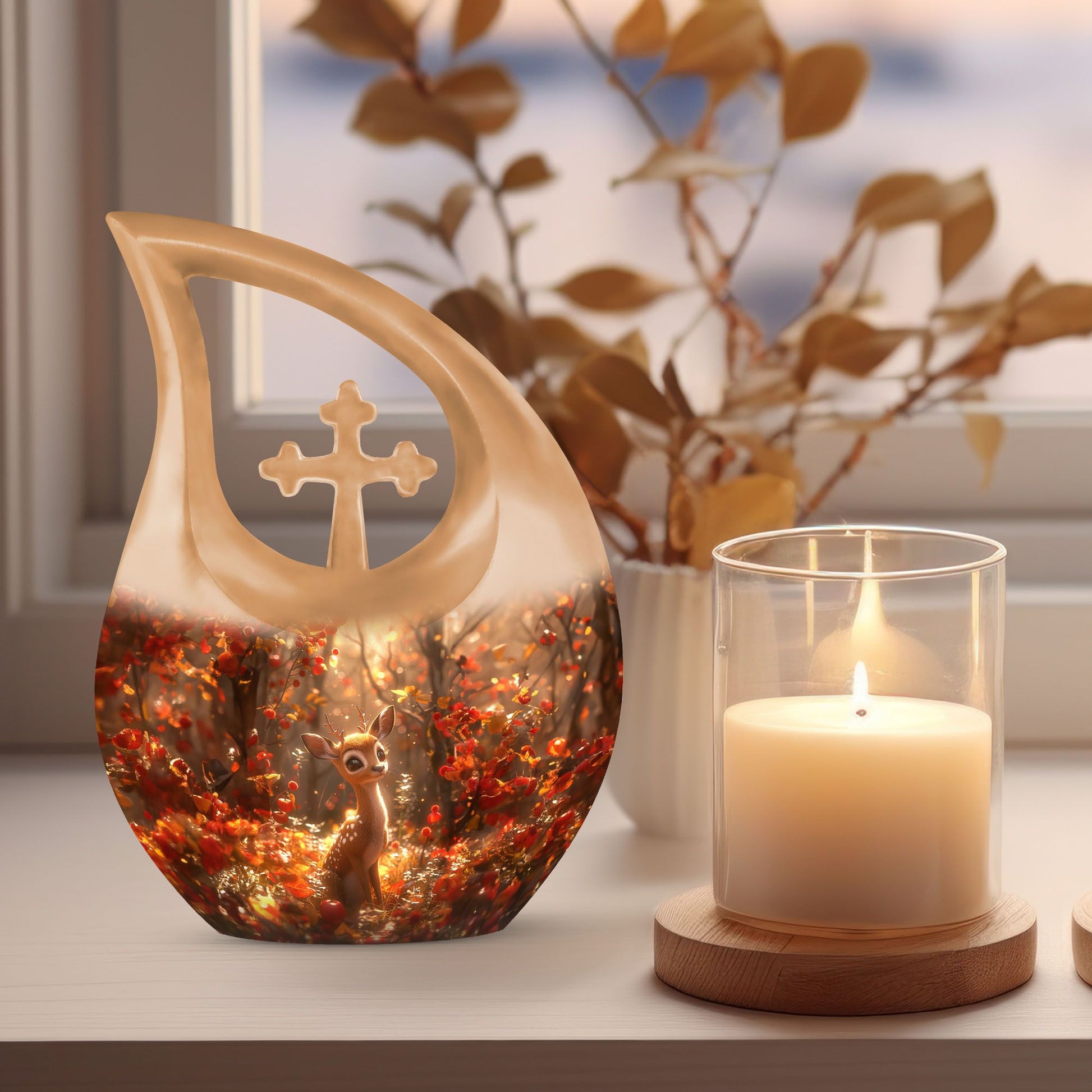 Deer themed urn, featuring Cross Drop 