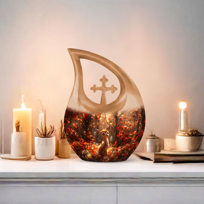 Deer themed urn, featuring Cross Drop 