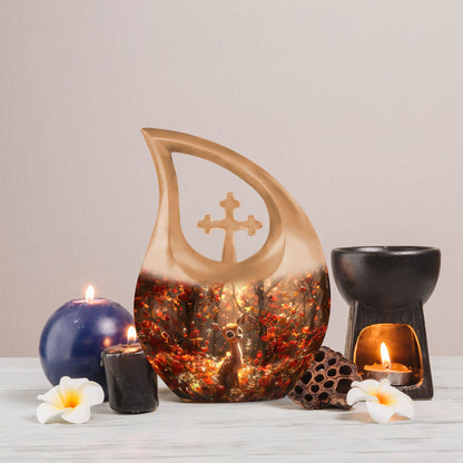 Deer themed urn, featuring Cross Drop 