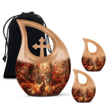 Deer themed urn, featuring Cross Drop 