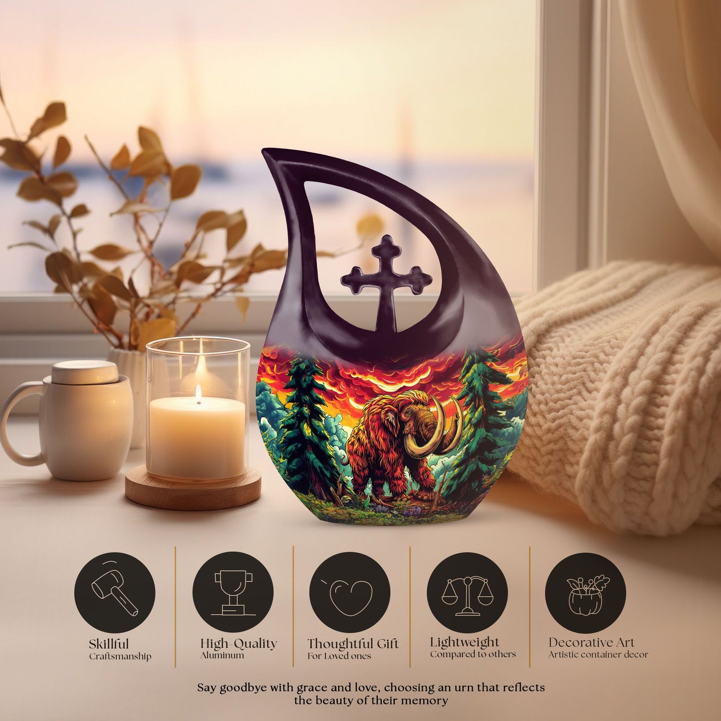 Mamoth Memorial Urn with Cross Drop design, customizable 