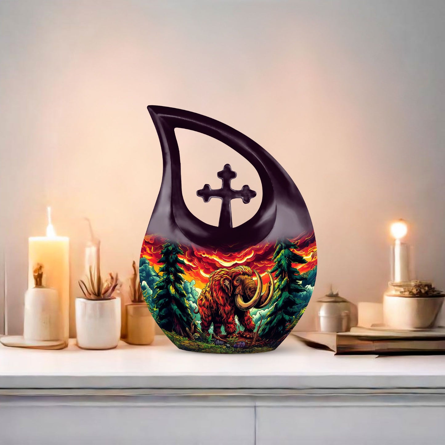 Mamoth Memorial Urn with Cross Drop design, customizable 