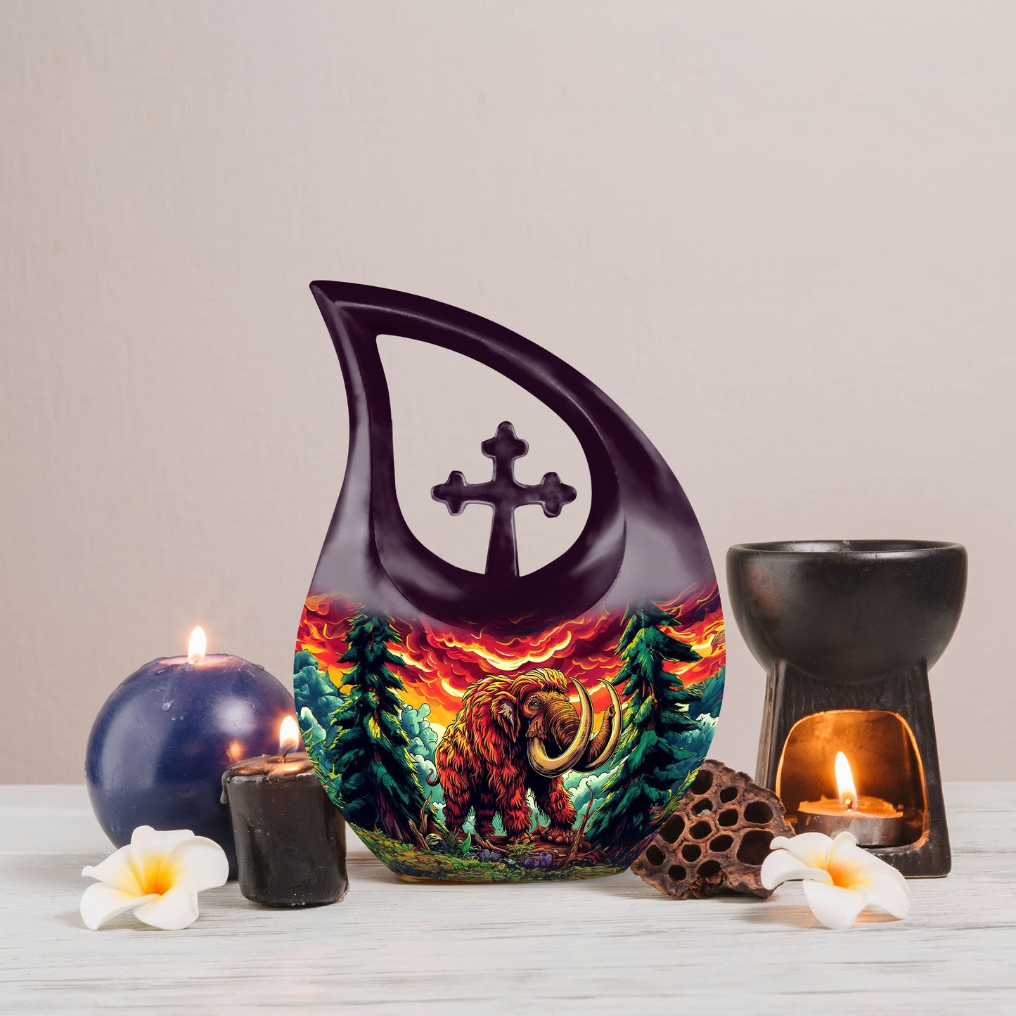 Mamoth Memorial Urn with Cross Drop design, customizable 
