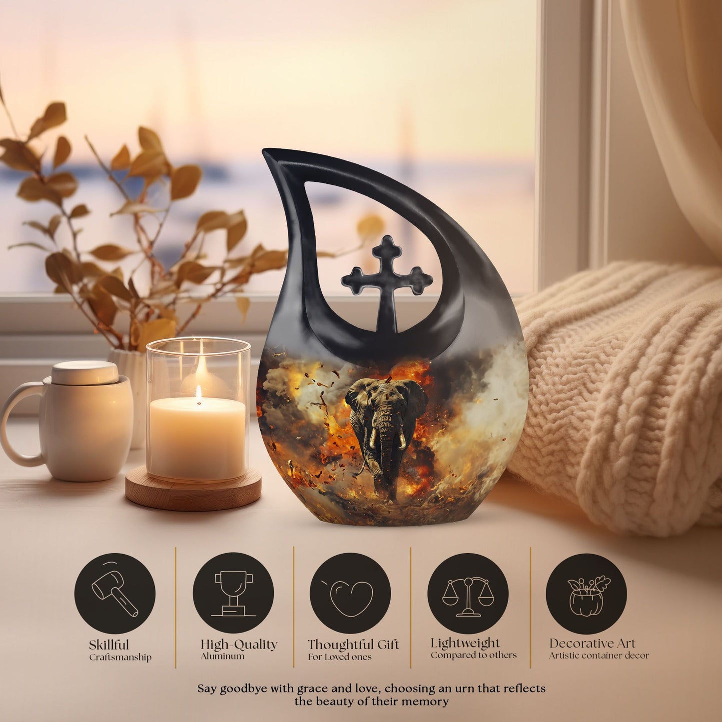 10-inch Mamoth Urn with Cross Drop design for ashes,
