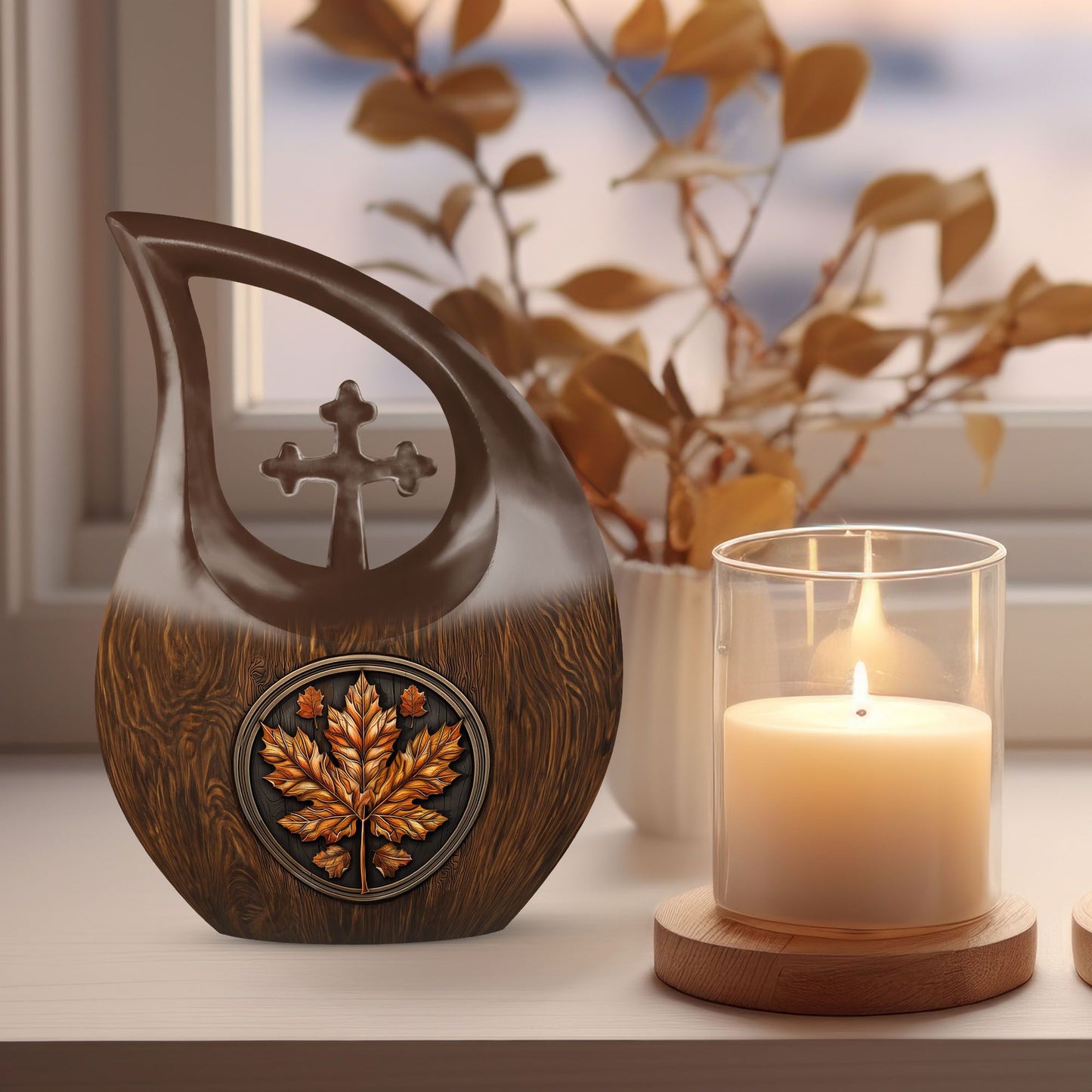 10 inch Mapple Leaf Urn with Cross Drop design, also a Cremation Vault