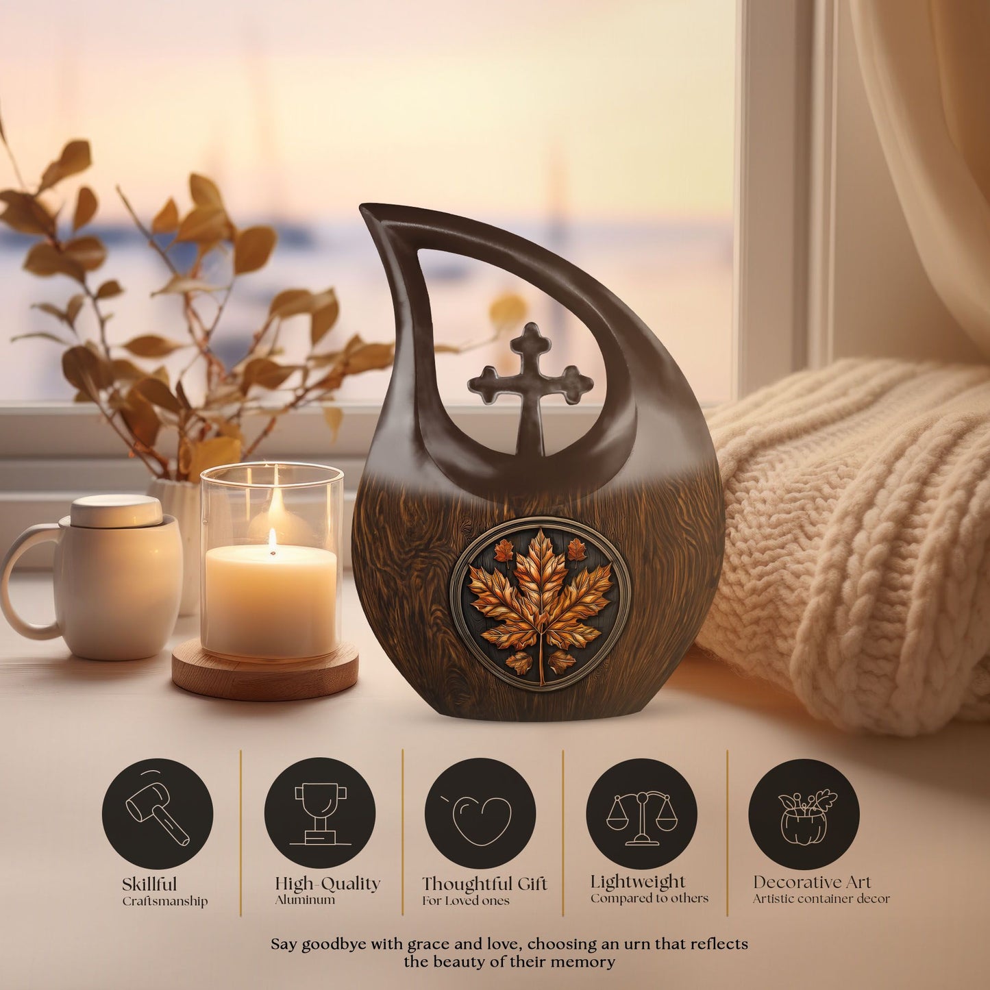 10 inch Mapple Leaf Urn with Cross Drop design, also a Cremation Vault