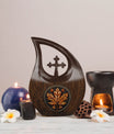 10 inch Mapple Leaf Urn with Cross Drop design, also a Cremation Vault